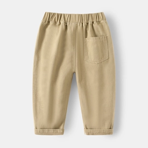 Detail view of khaki cotton trousers for boys featuring elastic waist and back pocket