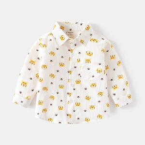 Camicia bambino a maniche lunghe con stampa tigre gialla e taschino in cotone beige