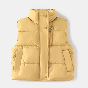 Detail of yellow puffer vest showing high collar, vertical zip pocket and matte texture