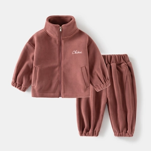 Kids warm fleece tracksuit set with stand collar zipper jacket and joggers in brick red