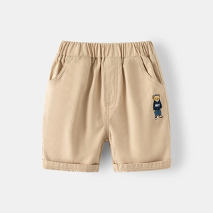 Pantaloncini casual in cotone kaki per bambini con orsetto ricamato e motivo 1981
