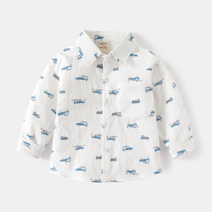Boys long-sleeve cotton shirt with blue cartoon vehicle prints on white fabric