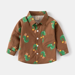 Kids long sleeve brown shirt with all-over green cartoon crocodile print and white buttons