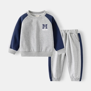 Toddler boys two-piece athletic suit with grey sweatshirt and navy raglan sleeves
