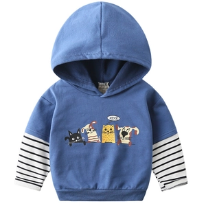 Kids blue hooded sweatshirt with striped sleeves and cartoon animal prints
