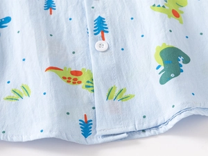 Dettaglio delle stampe di dinosauri su camicia in cotone azzurro per bambini