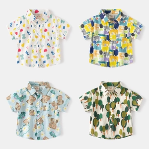 Boys Printed Short Sleeve Shirt 100% Cotton Breathable Casual Summer Top For Toddler Kids Korean Style Cartoon Animals Trees Pattern Clothes