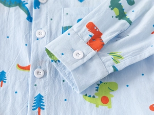 Dettaglio di una camicia da bambino azzurra in cotone con stampe di dinosauri e bottoni bianchi