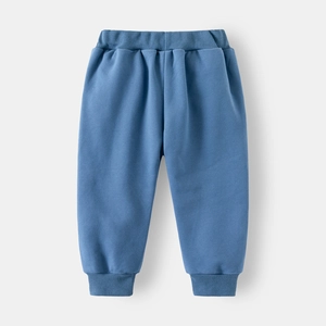 Detail of baby boy joggers with elastic waistband and ribbed cuffs in dusty blue