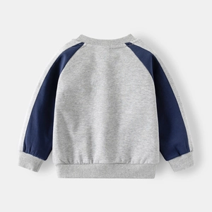 Detail view of boys' grey sweatshirt with navy blue raglan sleeves and ribbed cuffs