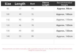 Detailed size chart for kids' striped shirt including length, chest, and height info