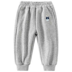 Kids grey fleece joggers with teddy bear embroidery and elastic waist for winter