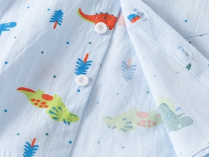 Dettaglio camicia in cotone azzurro con stampa dinosauri e bottoni bianchi rotondi