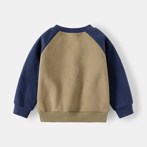 Detail of color block kids sweatshirt back view with khaki body and navy blue raglan sleeves