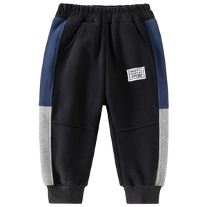 Boy's thickened joggers in black with navy color-blocking and elastic cuffs for winter