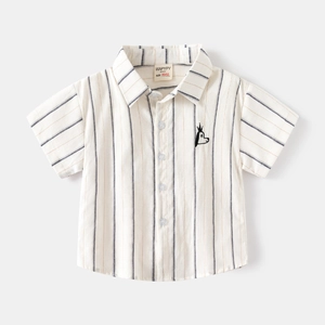 Toddler Boys Korean Style Striped Short Sleeve Shirt 100 Percent Cotton Breathable Top With Dog Embroidery For Summer Kids Fashion