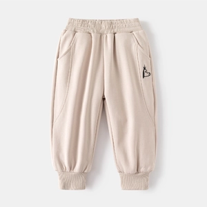 Pantalon de jogging beige pour garçon avec broderie chiot et poignets élastiques décontractés