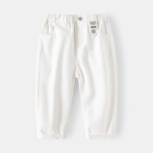 White casual cotton trousers for boys with elastic waistband and fashion side label