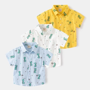 Boys Dinosaur Print Cotton Short Sleeve Shirt Kids Cartoon Summer Button Up Casual Lapel Top For Toddler Boys