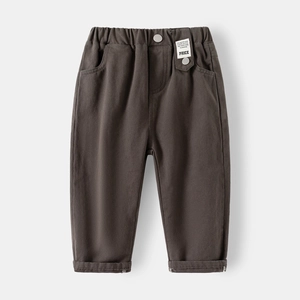 Dark greyish brown casual boys' trousers with elastic waist and stylish decorative label