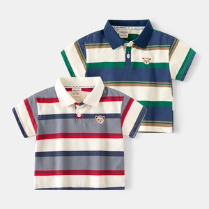 Polo Rayé pour Enfants Garçons Mélange de Coton Manches Courtes Brodé Ours Style Coréen Été Décontracté Respirant Hauts