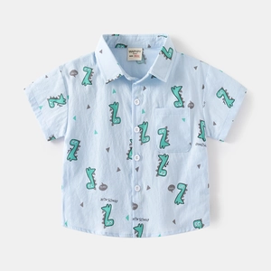 Kids short sleeve dinosaur print cotton shirt in light blue with white buttons