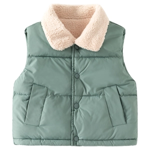 Thickened children's sage green vest with white faux fur collar and button closure