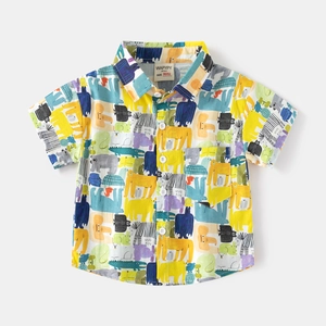 Boys short sleeve shirt with colorful cartoon animal print and classic button-up collar