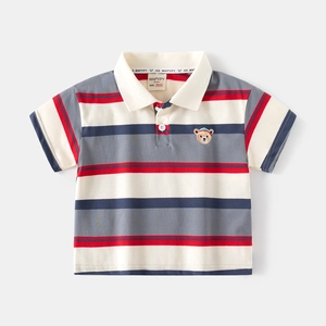 Polo classique à rayures pour garçons avec petit ours brodé en coton doux de qualité