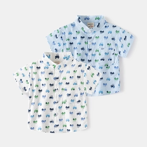 Kids Boys Short Sleeve Cotton Shirt Cartoon Tractor Printed Summer Stand Collar Button Down Toddler Casual Top Clothing