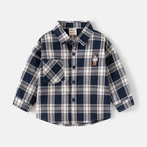 Kids Boys Long Sleeve Plaid Shirt 100% Cotton Turndown Collar Bear Embroidery Navy Check Button Down Casual Shirt Top