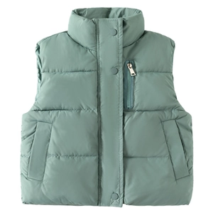 Boy's light green padded puffer vest with stand collar and quilted warm design