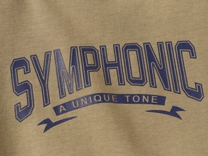Detail of khaki knit fabric featuring blue SYMPHONIC lettering and unique texture