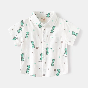 Boys white short sleeve cotton shirt with cartoon dinosaur print and classic collar