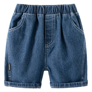 Boy's denim shorts with elastic waistband and curved拼接 detail in blue washed fabric