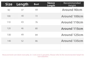Detailed size chart for boys short sleeve shirt with length and bust measurements