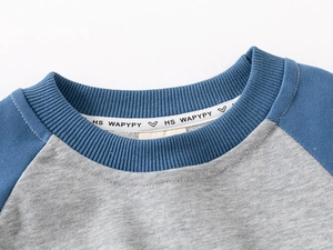 Detail of blue ribbed crew neck and grey raglan sleeves on toddler cotton sweatshirt