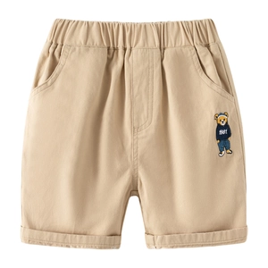 Pantaloncini casual per bambini kaki in cotone con vita elastica e ricamo a orsetto