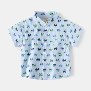 Light blue boys short sleeve shirt with tractor print and V-neck collar style