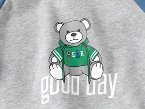 Detail of grey cotton sweatshirt featuring cartoon bear and 'good day' print for boys