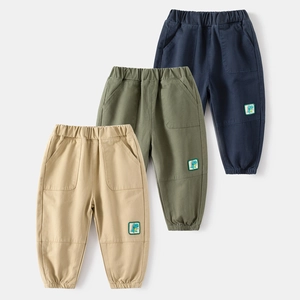 Pantalon Décontracté en Mélange de Coton pour Garçons Écusson Brodé Dinosaure Jogging Taille Élastique Printemps Automne Enfants