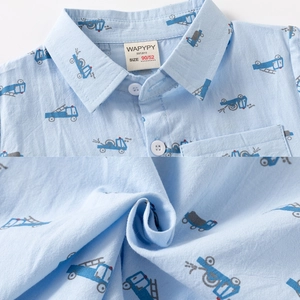 Light blue boys long sleeve shirt with navy fire truck cartoon prints and turn-down collar