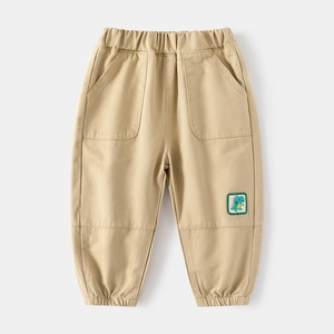 Pantalon de jogging kaki pour garçon avec taille élastique et broderie dinosaure
