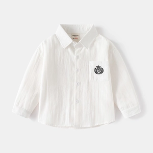 Classic white long-sleeved cotton shirt for boys with crown badge embroidery on pocket