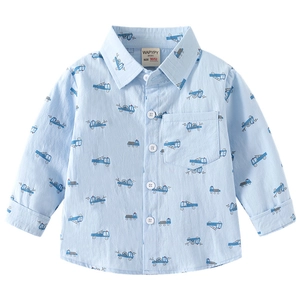 Blue cotton long sleeve boy's shirt with cartoon construction vehicle prints