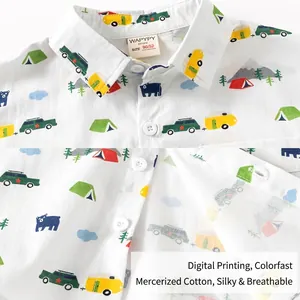 Kids white camping pattern shirt in mercerized cotton with digital prints and turn-down collar