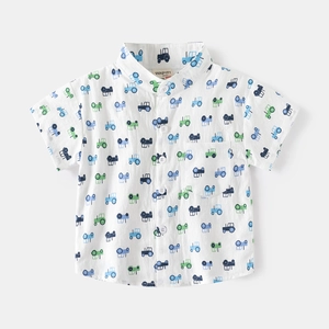 Boys white short sleeve shirt with colorful cartoon tractor prints and V-neck collar