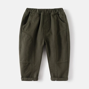 Pantalon décontracté enfant vert foncé avec taille élastique et coutures courbes uniques