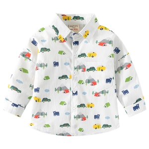 Kids long-sleeve cartoon camping print shirt in white featuring colorful tent and car patterns