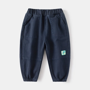 Pantalon décontracté bleu marine pour garçon en coton avec broderie dinosaure verte